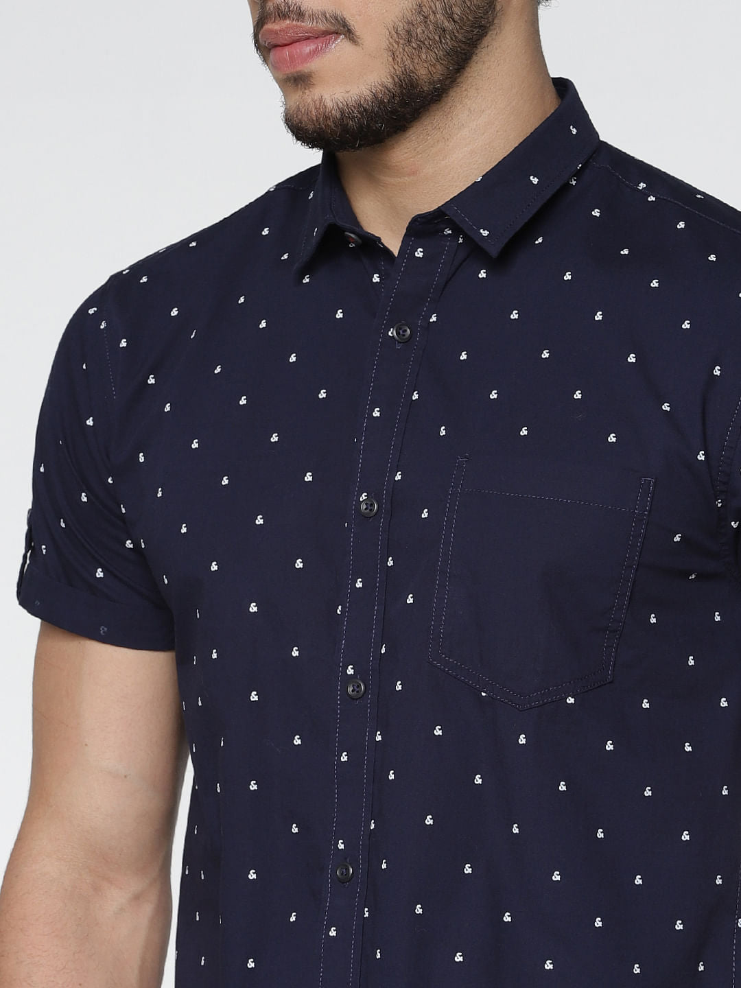 Blue All Over Printed Patch Pocket Short Sleeves Shirt