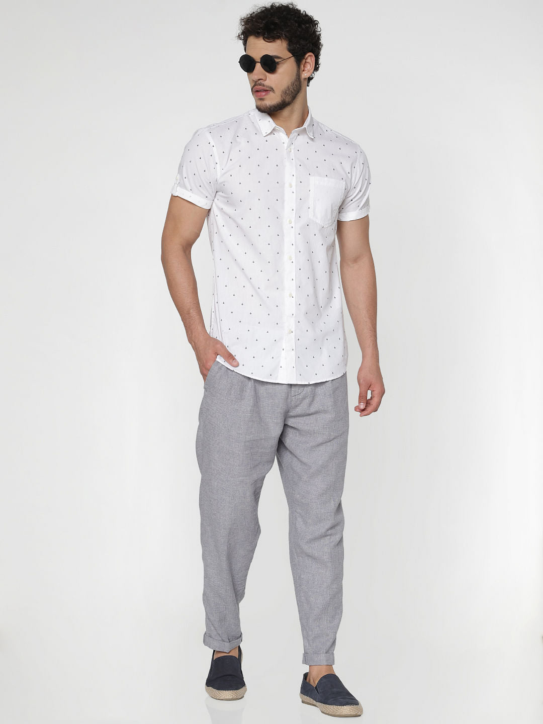 White All Over Printed Patch Pocket Short Sleeves Shirt