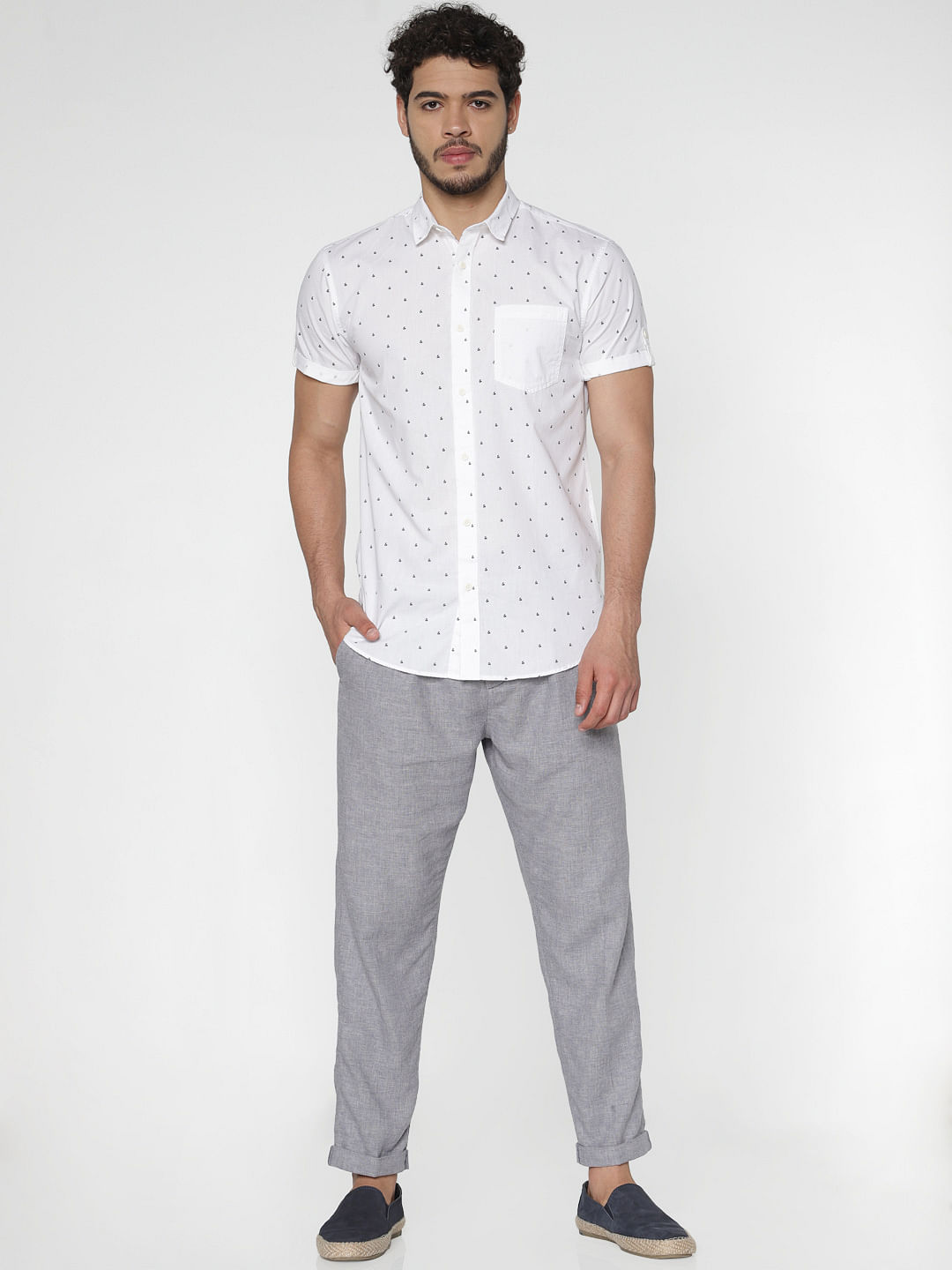 White All Over Printed Patch Pocket Short Sleeves Shirt