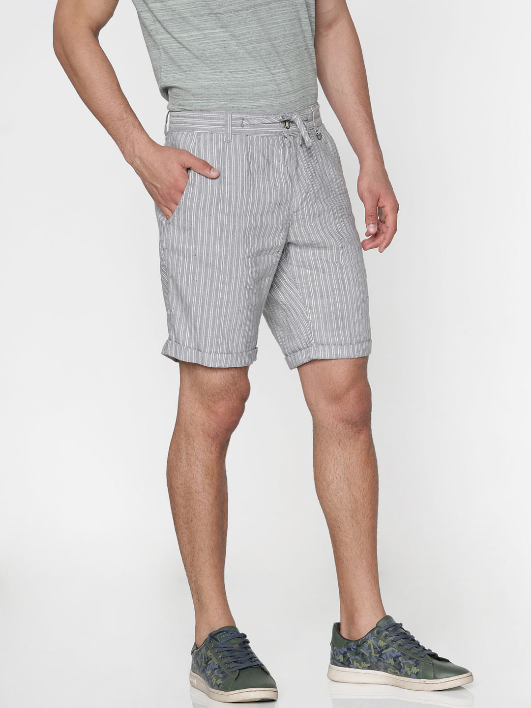 Grey Striped Drawstring Chino Shorts