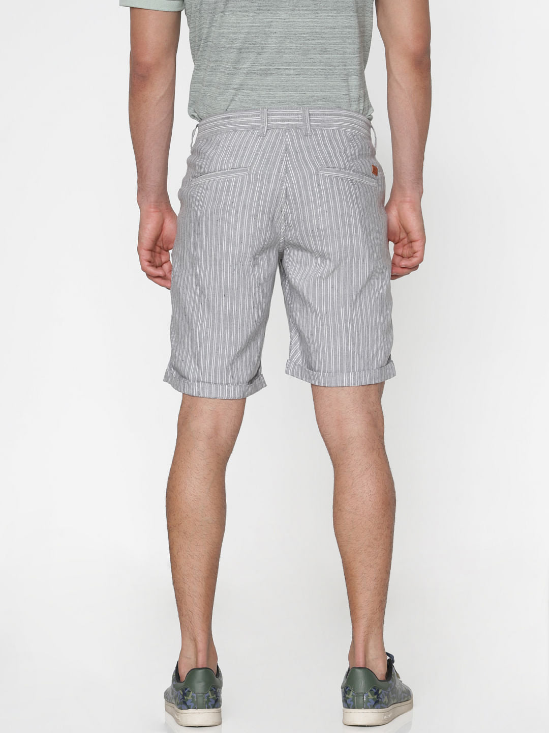 Grey Striped Drawstring Chino Shorts