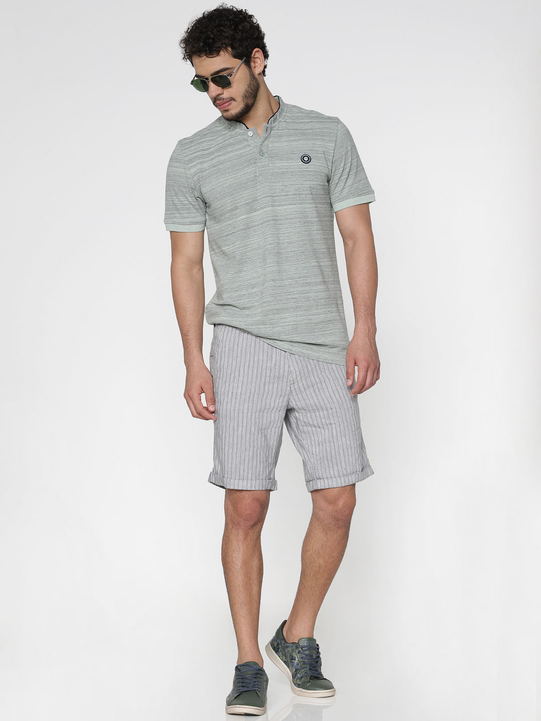 Grey Striped Drawstring Chino Shorts