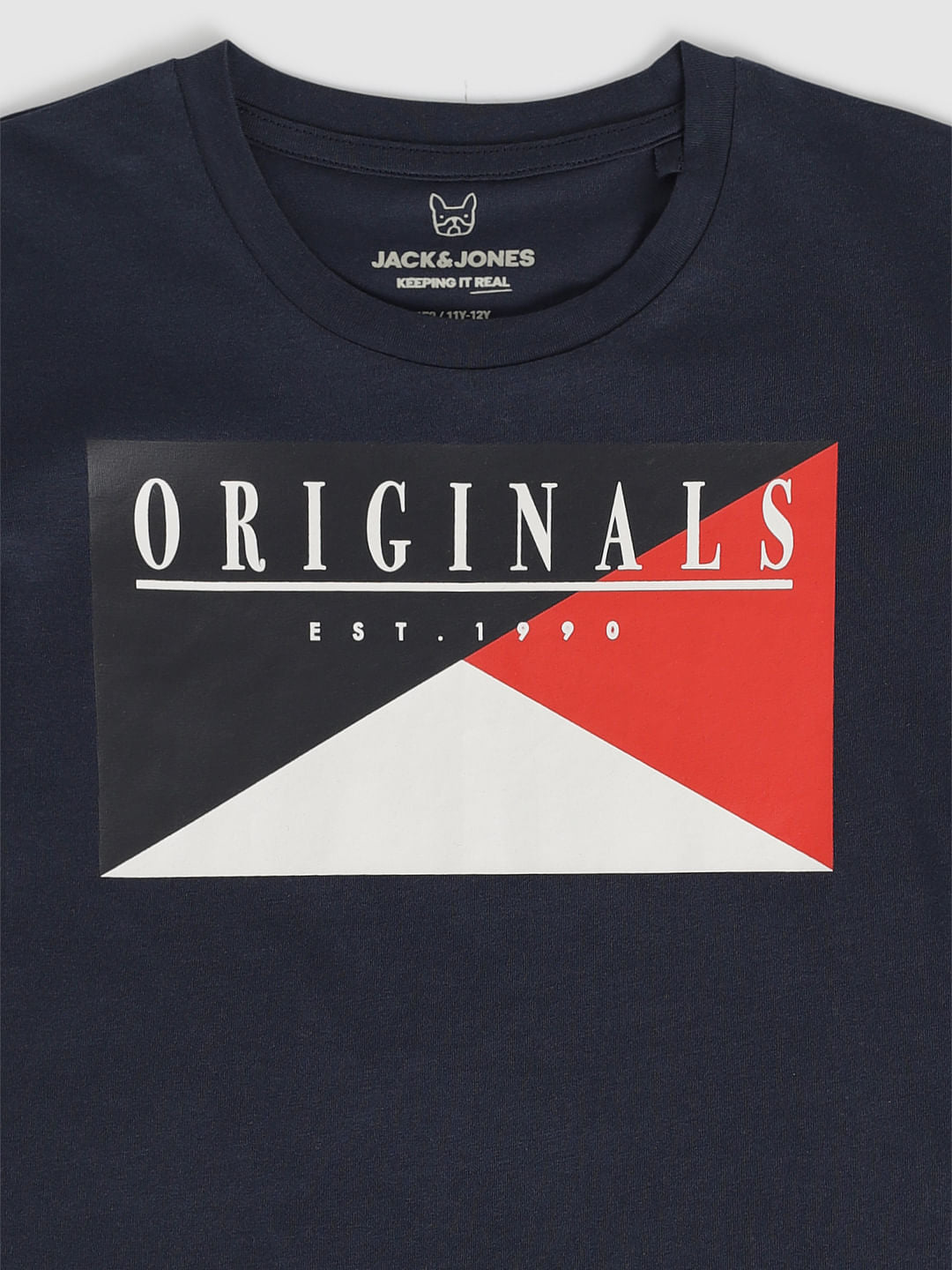 Boys Navy Blue Colour Blocked Chest Print Crew Neck T-Shirt