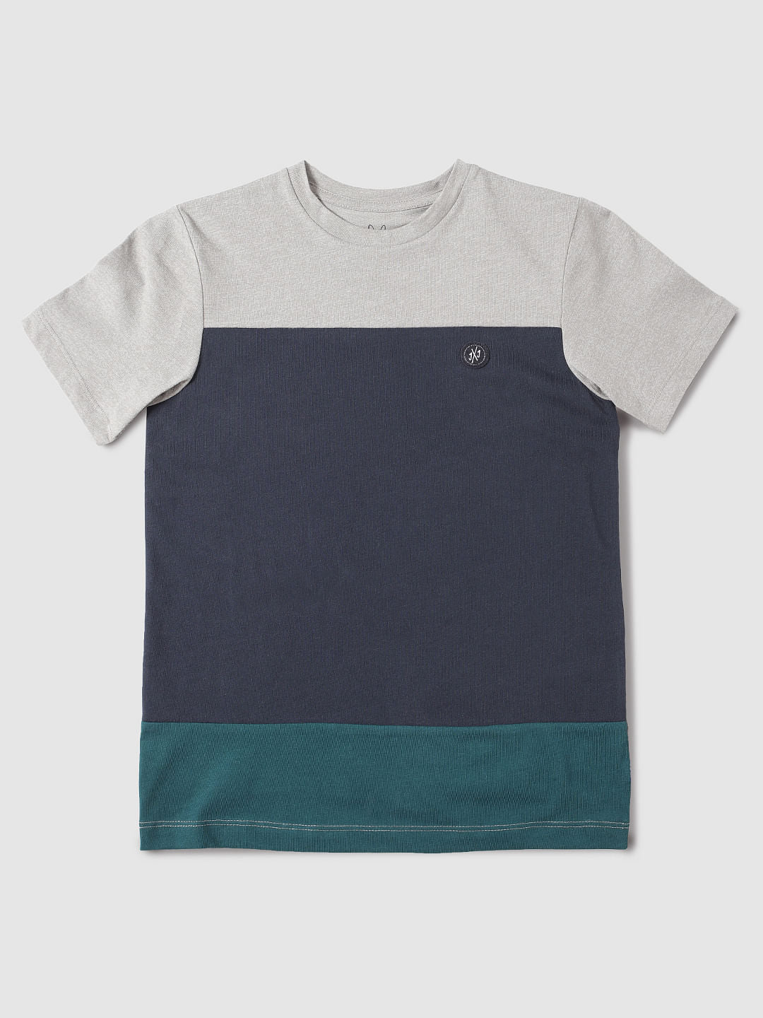 Boys Grey Colour Blocked Slim Fit Crew Neck T-Shirt