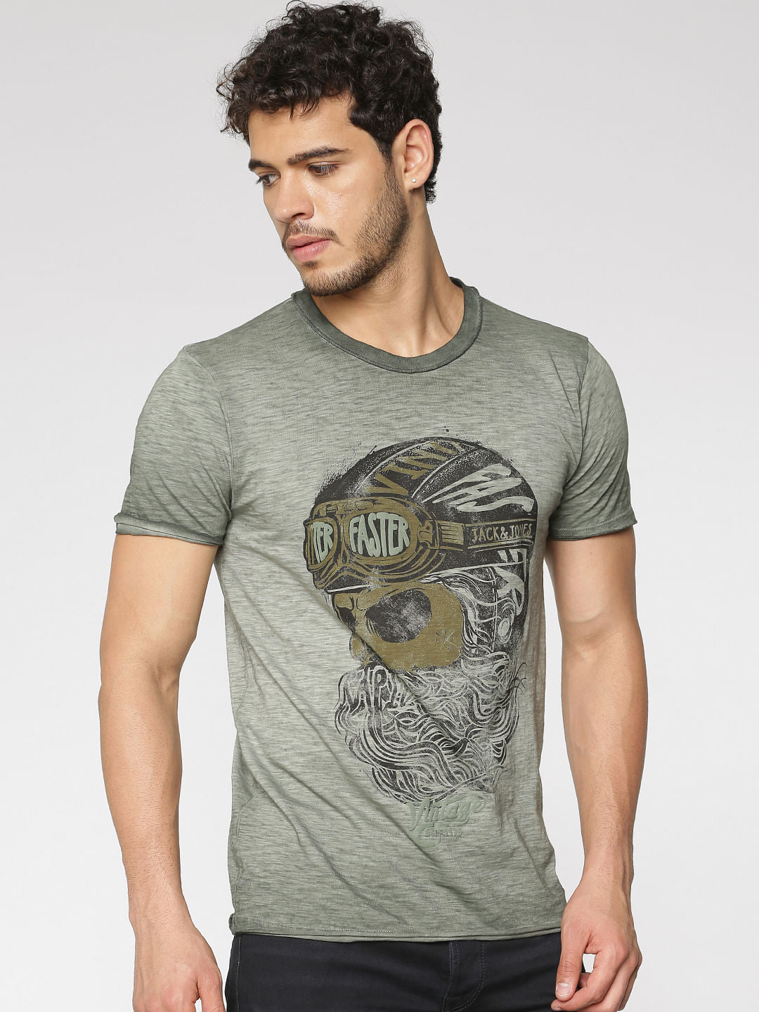 Green Graphic Print Washed Slim Fit Crew Neck T-Shirt