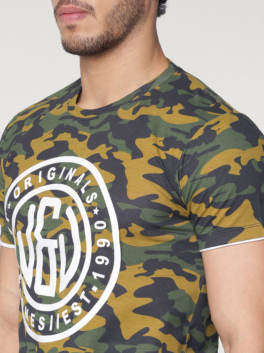 Green Camo Print Slim Fit Crew Neck T-Shirt