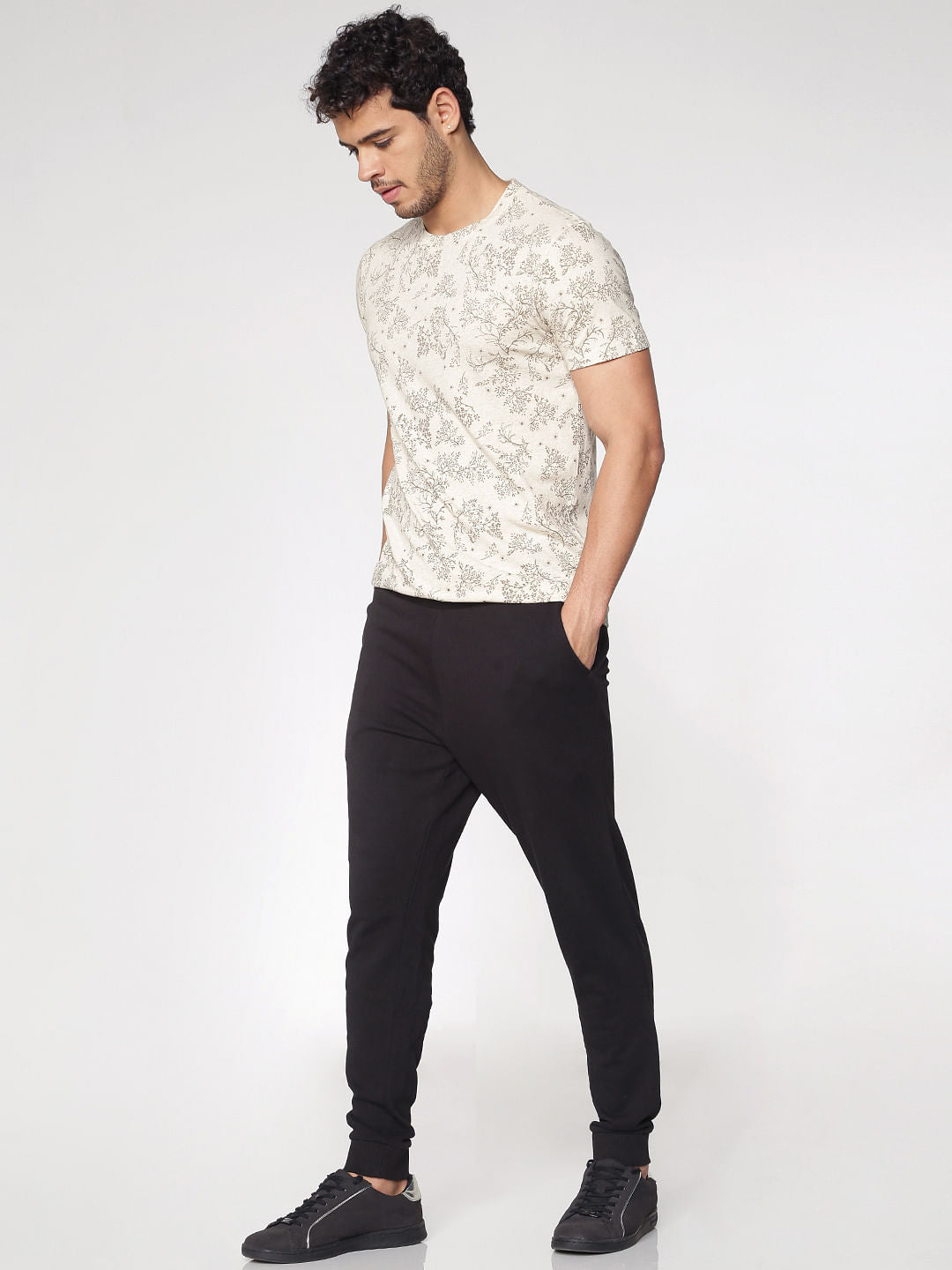 Cream Printed Crew Neck T-Shirt