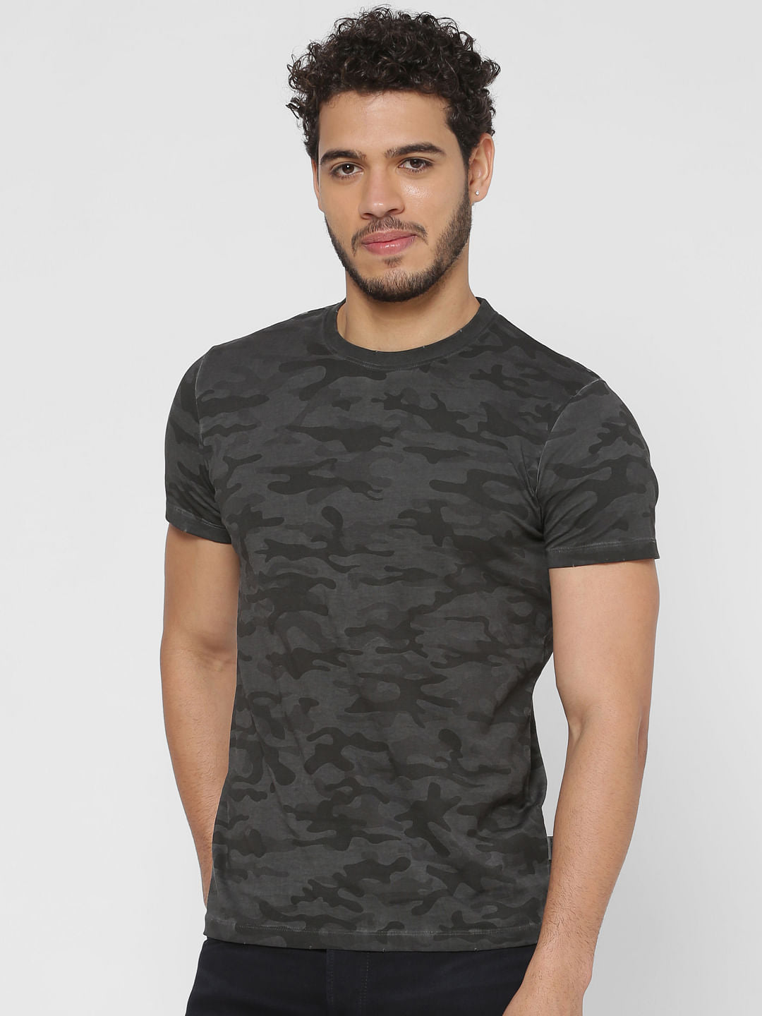 Grey Camo Print Crew Neck T-Shirt
