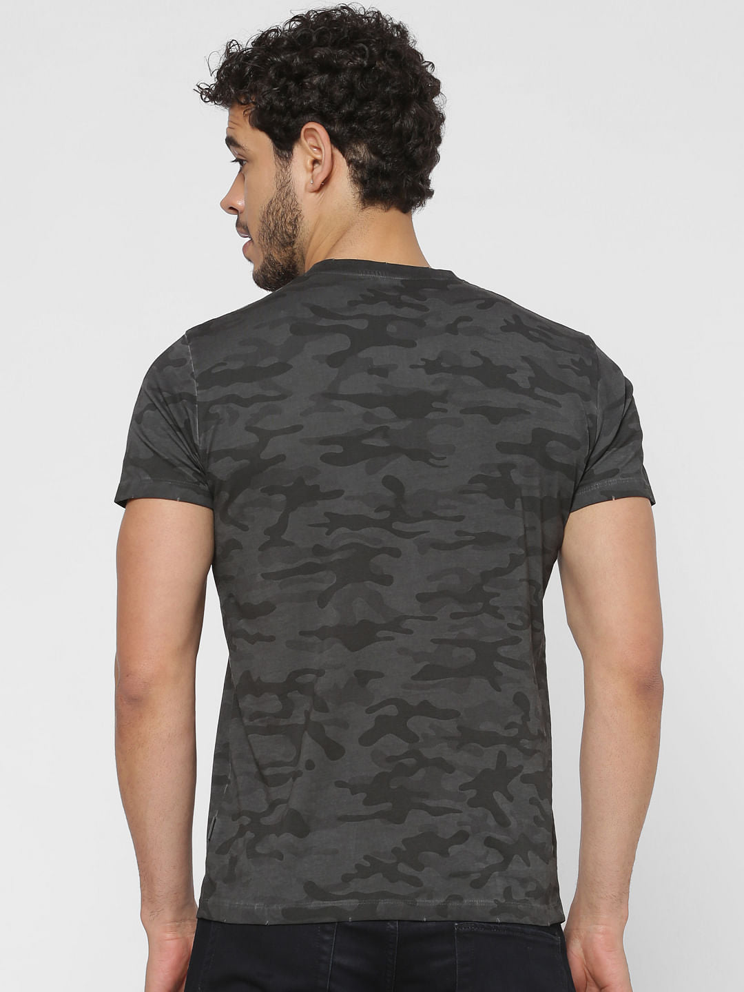 Grey Camo Print Crew Neck T-Shirt
