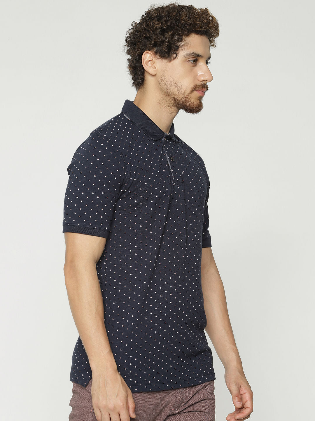 Navy Blue All Over Print Polo Neck T-Shirt