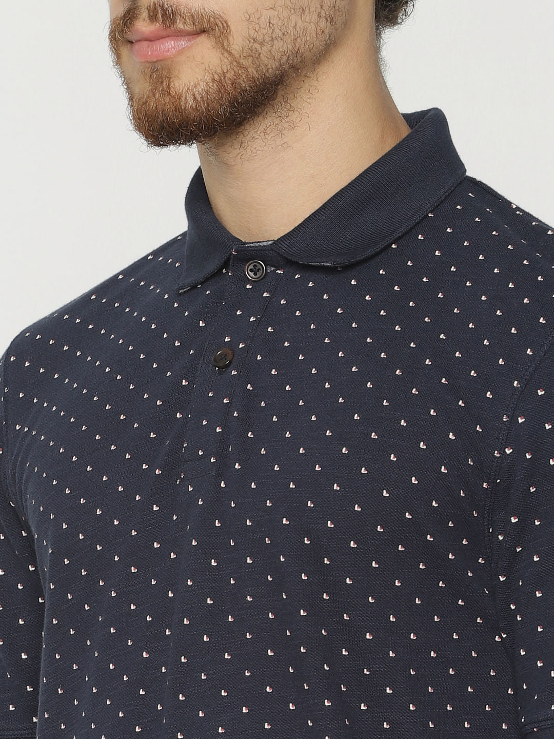 Navy Blue All Over Print Polo Neck T-Shirt