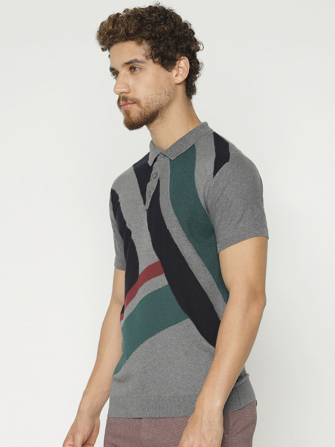 Grey Colour Blocked Polo Neck T-Shirt