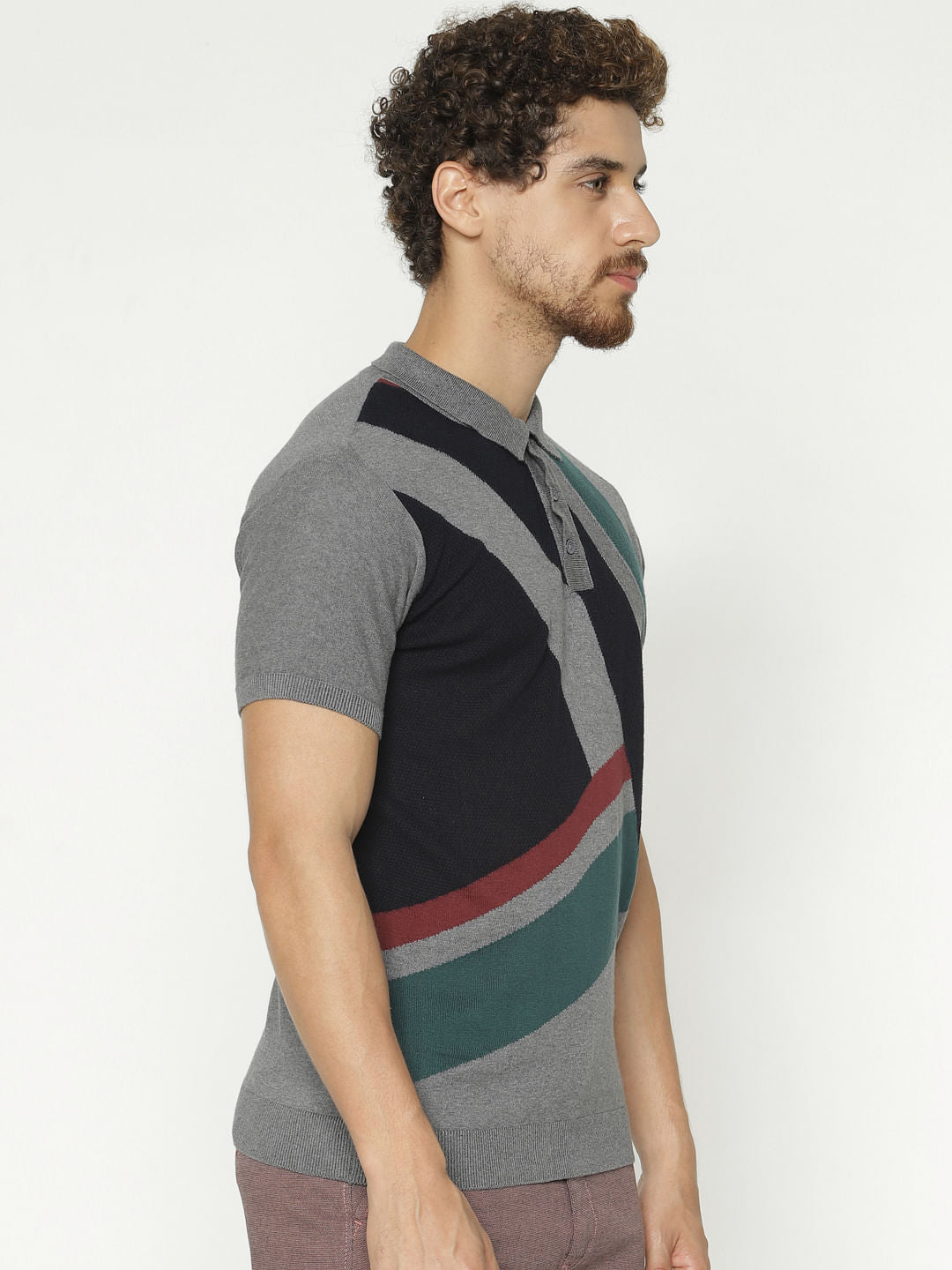 Grey Colour Blocked Polo Neck T-Shirt
