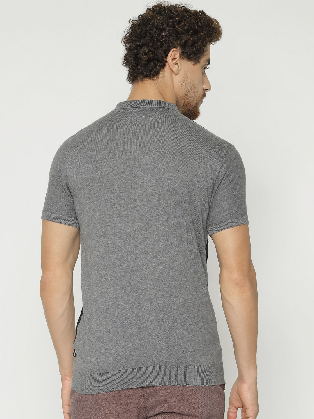 Grey Colour Blocked Polo Neck T-Shirt