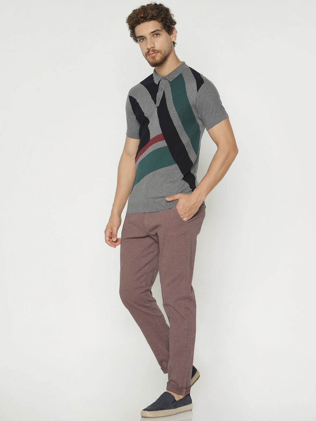 Grey Colour Blocked Polo Neck T-Shirt