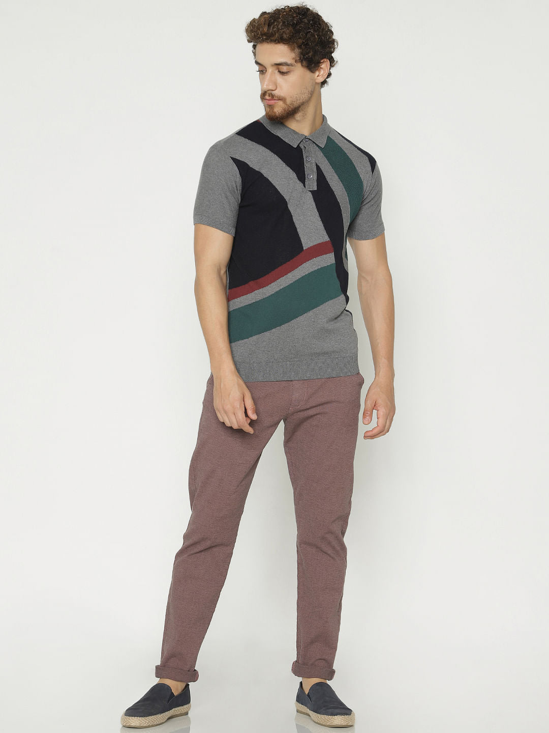 Grey Colour Blocked Polo Neck T-Shirt