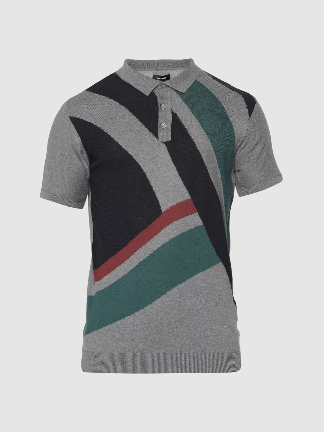 Grey Colour Blocked Polo Neck T-Shirt
