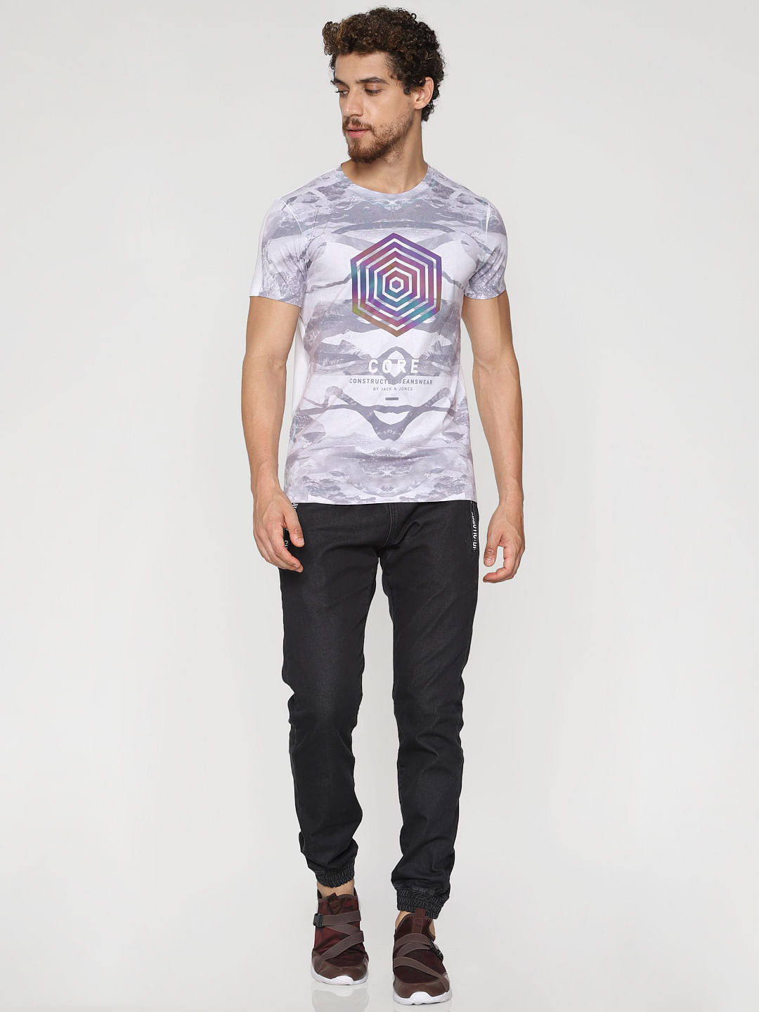 White All Over Print Crew Neck T-Shirt