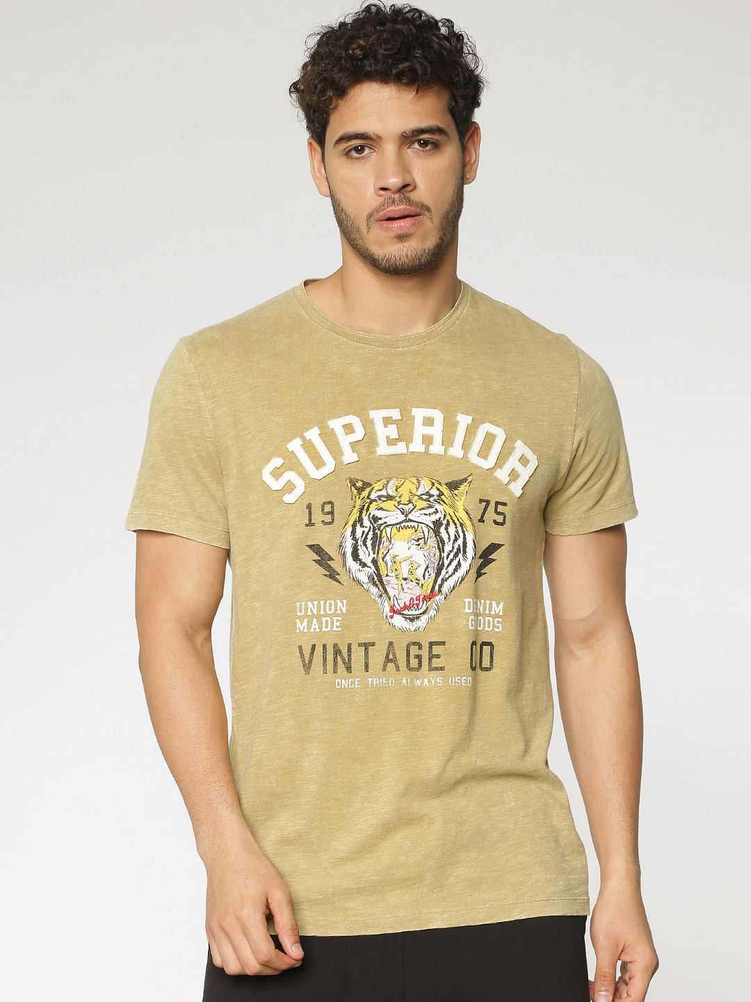 Brown Text And Graphic Print Washed Crew Neck T-Shirt