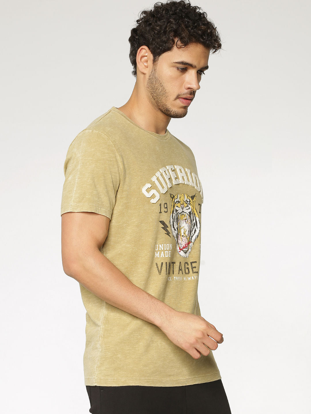 Brown Text And Graphic Print Washed Crew Neck T-Shirt