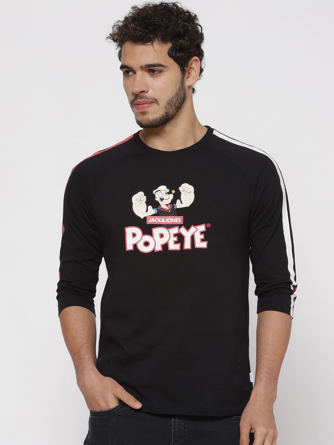 X Popeye Black Popeye Graphic Print Tape Detail Crew Neck T-Shirt