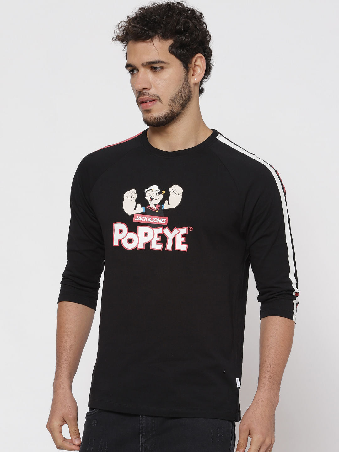 X Popeye Black Popeye Graphic Print Tape Detail Crew Neck T-Shirt