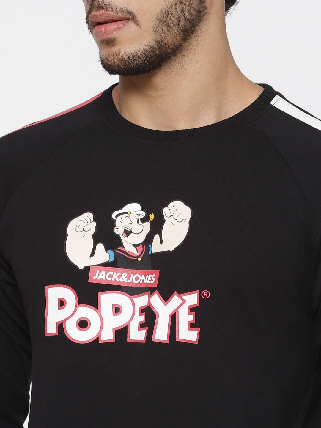 X Popeye Black Popeye Graphic Print Tape Detail Crew Neck T-Shirt