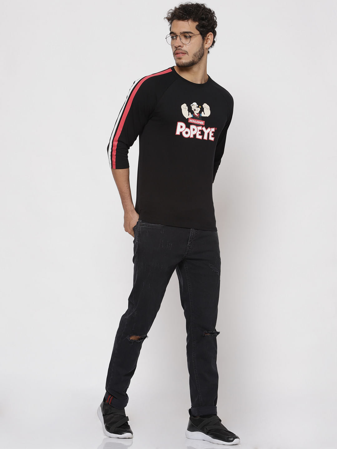X Popeye Black Popeye Graphic Print Tape Detail Crew Neck T-Shirt