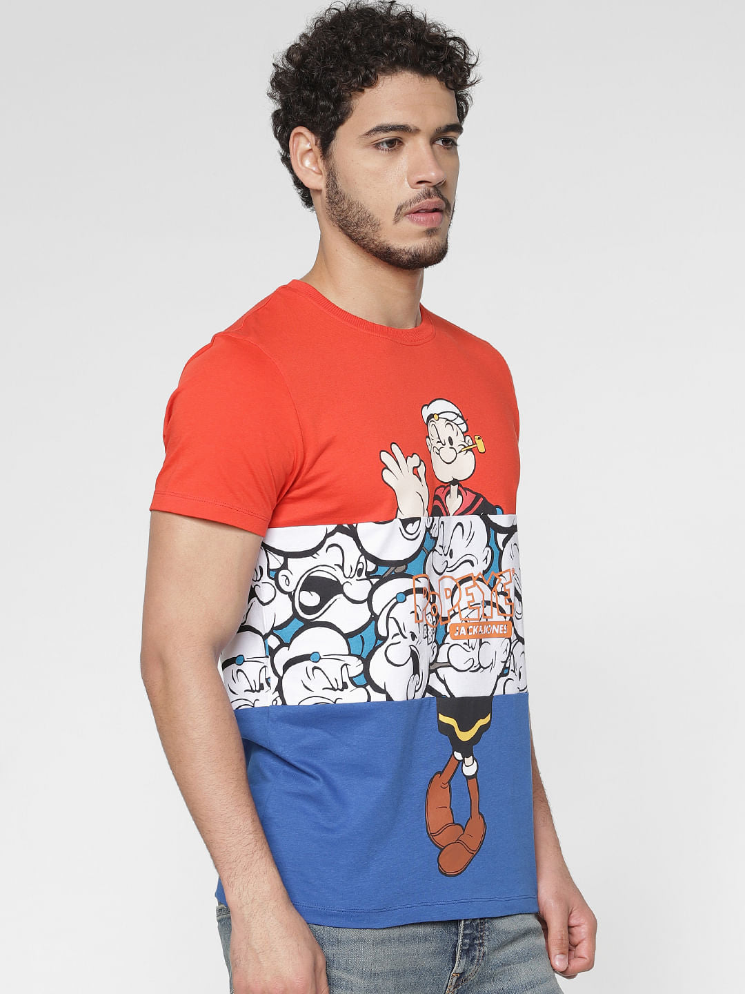 X Popeye Red Colour Blocked Graphic Print Crew Neck T-Shirt