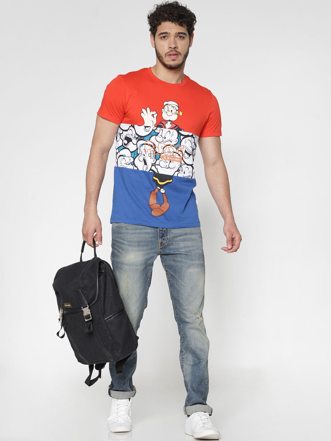 X Popeye Red Colour Blocked Graphic Print Crew Neck T-Shirt