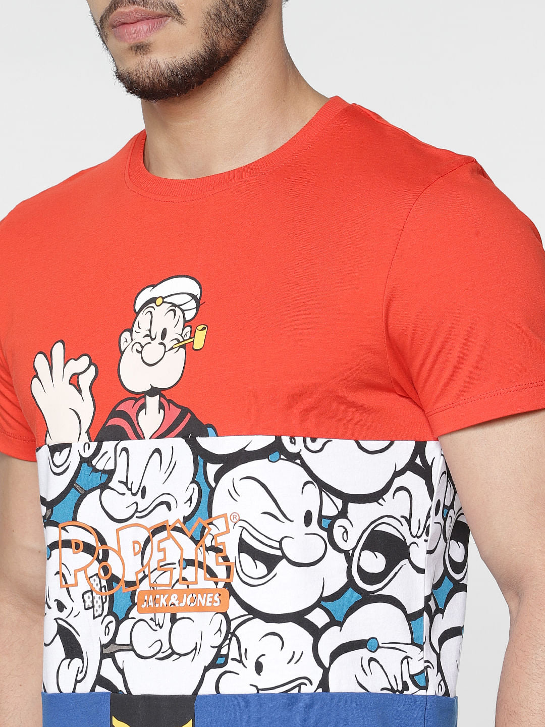 X Popeye Red Colour Blocked Graphic Print Crew Neck T-Shirt