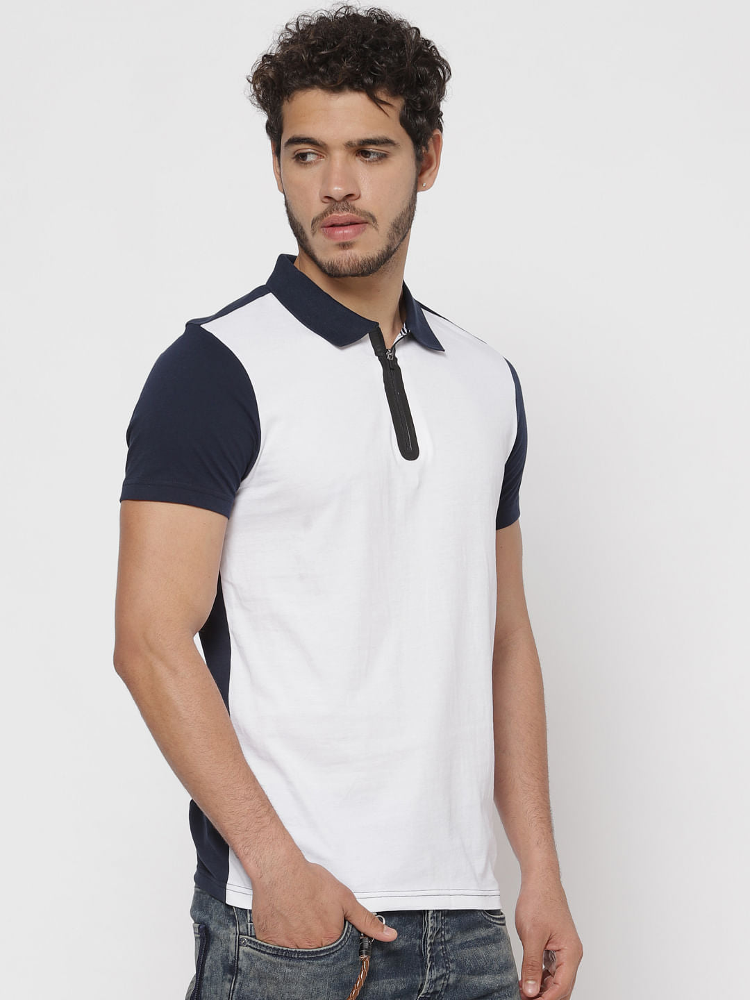 White Colour Blocked Polo Neck T-Shirt