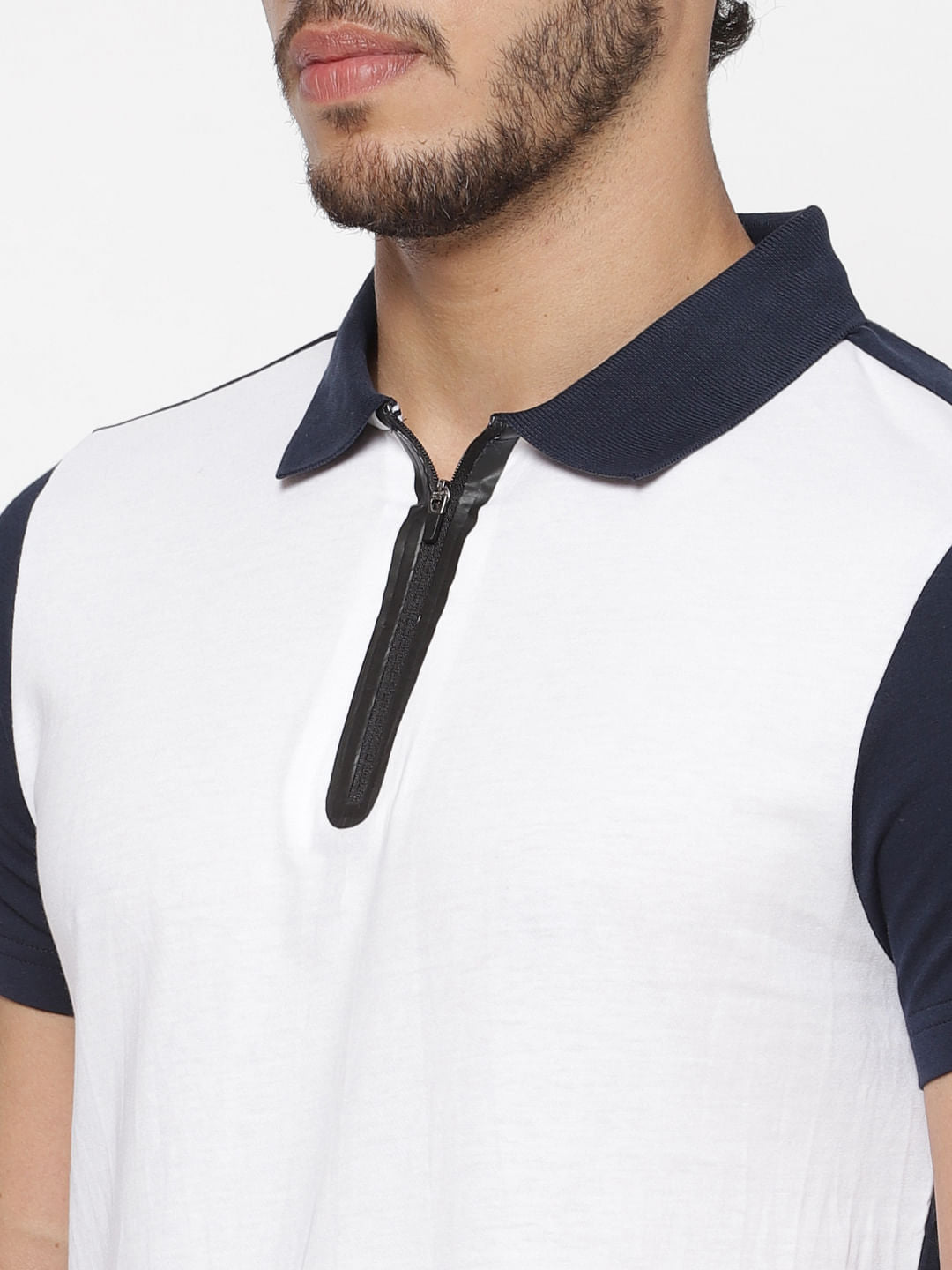 White Colour Blocked Polo Neck T-Shirt