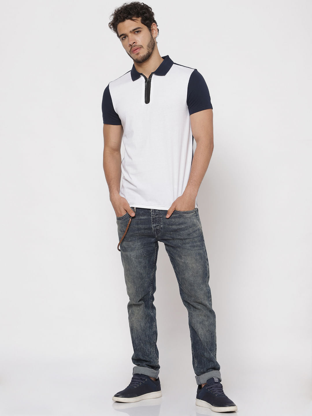 White Colour Blocked Polo Neck T-Shirt