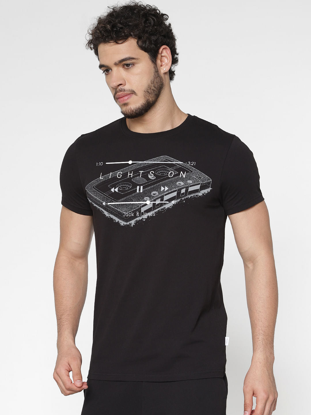 Black Chest Graphic Print Slim Fit Crew Neck T-Shirt