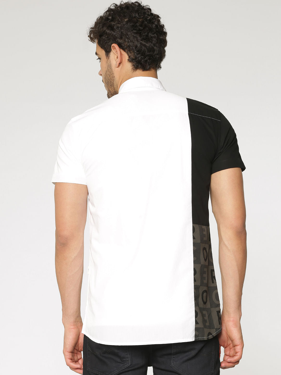 White Colour Blocked Slim Fit Short Sleeves Shirt