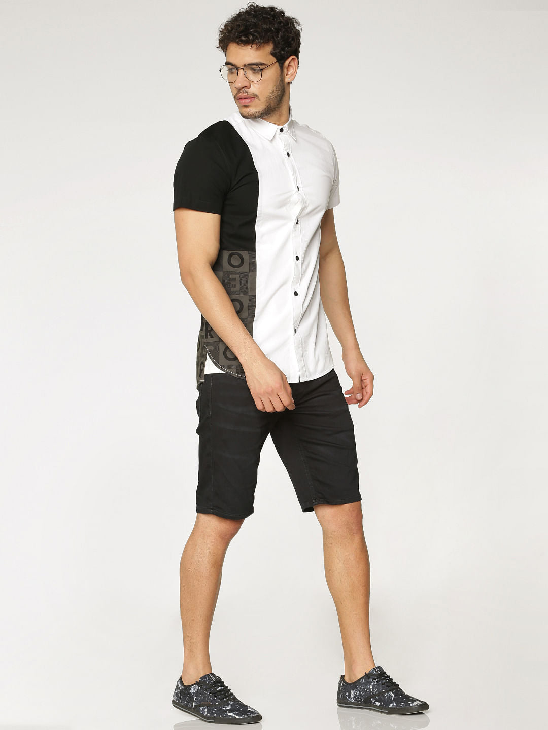White Colour Blocked Slim Fit Short Sleeves Shirt