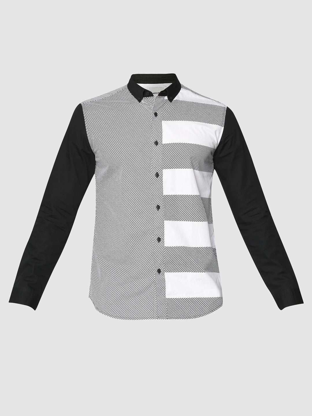 Black Colour Blocked Slim Fit Full Sleeves Shirt