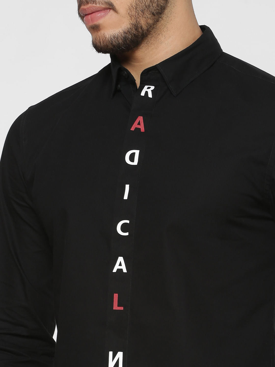 Black Text Printed Button Down Closure Slim Fit Full Sleeves Shirt
