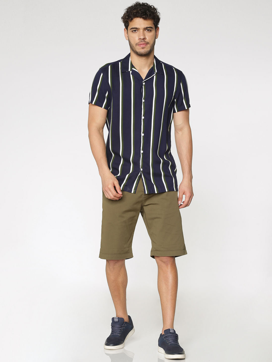 Navy Blue Striped Slim Fit Short Sleeves Shirt