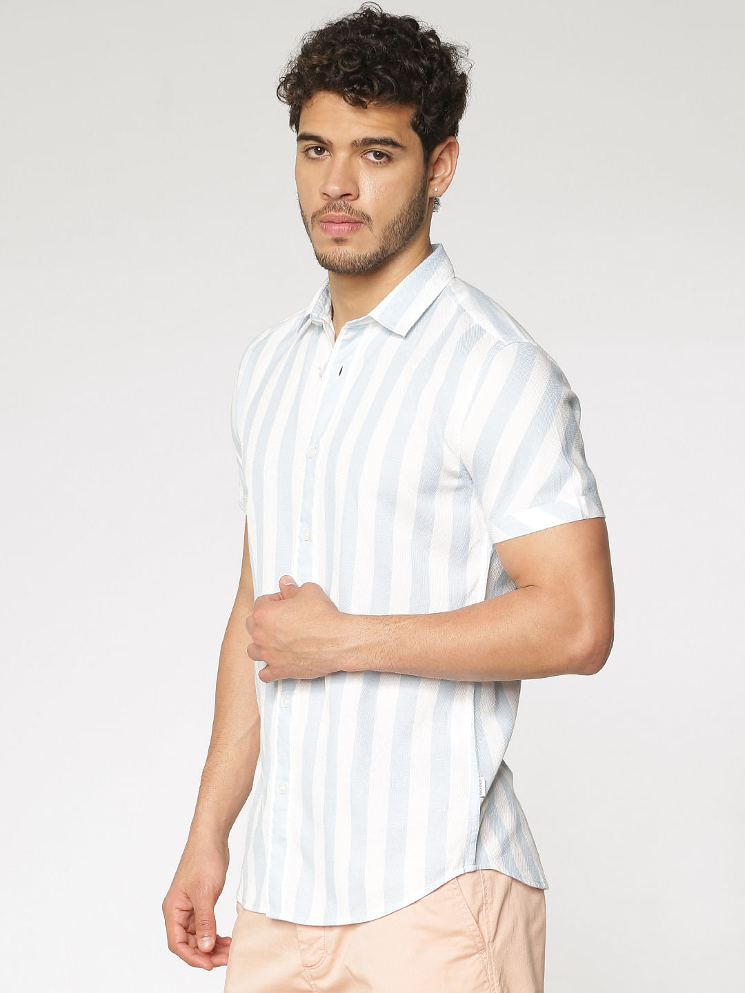 White And Blue Striped Slim Fit Short Sleeves Shirt