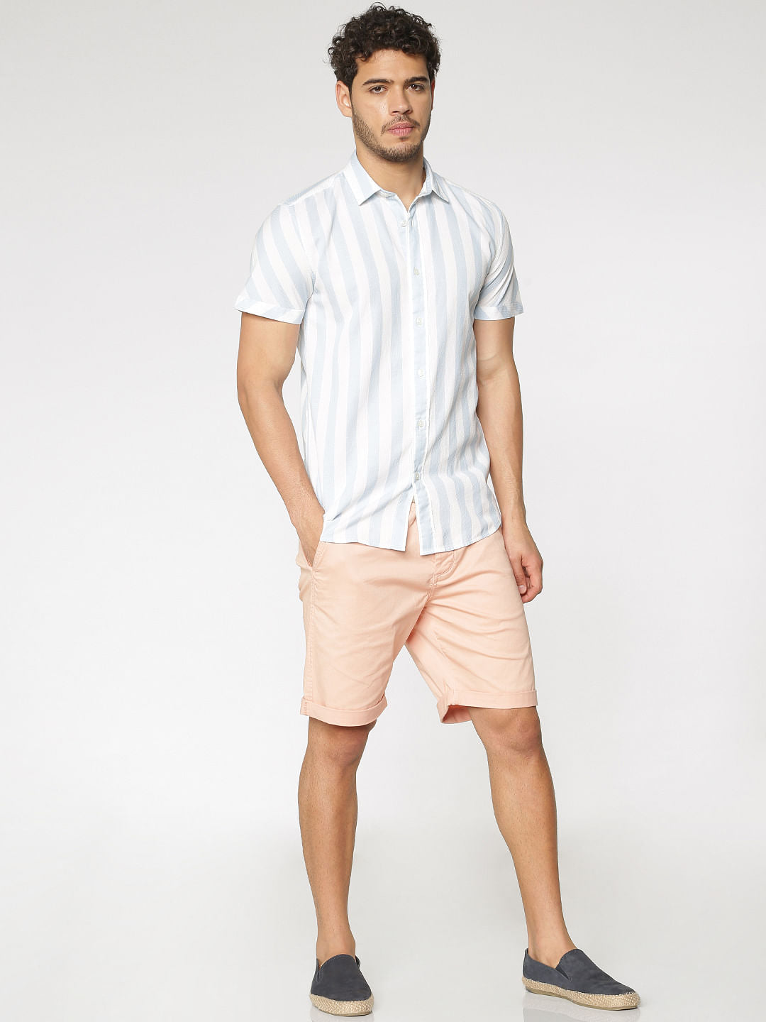 White And Blue Striped Slim Fit Short Sleeves Shirt