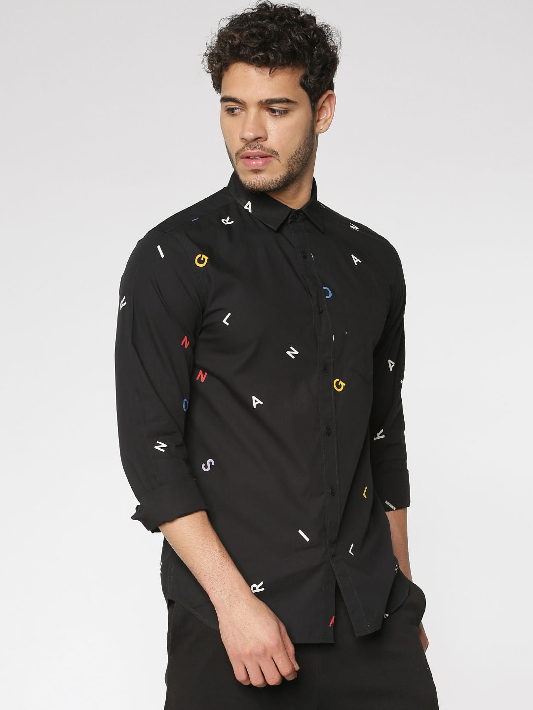 Black All Over Alphabet Print Slim Fit Full Sleeves Shirt