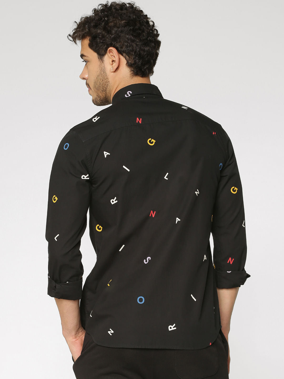 Black All Over Alphabet Print Slim Fit Full Sleeves Shirt