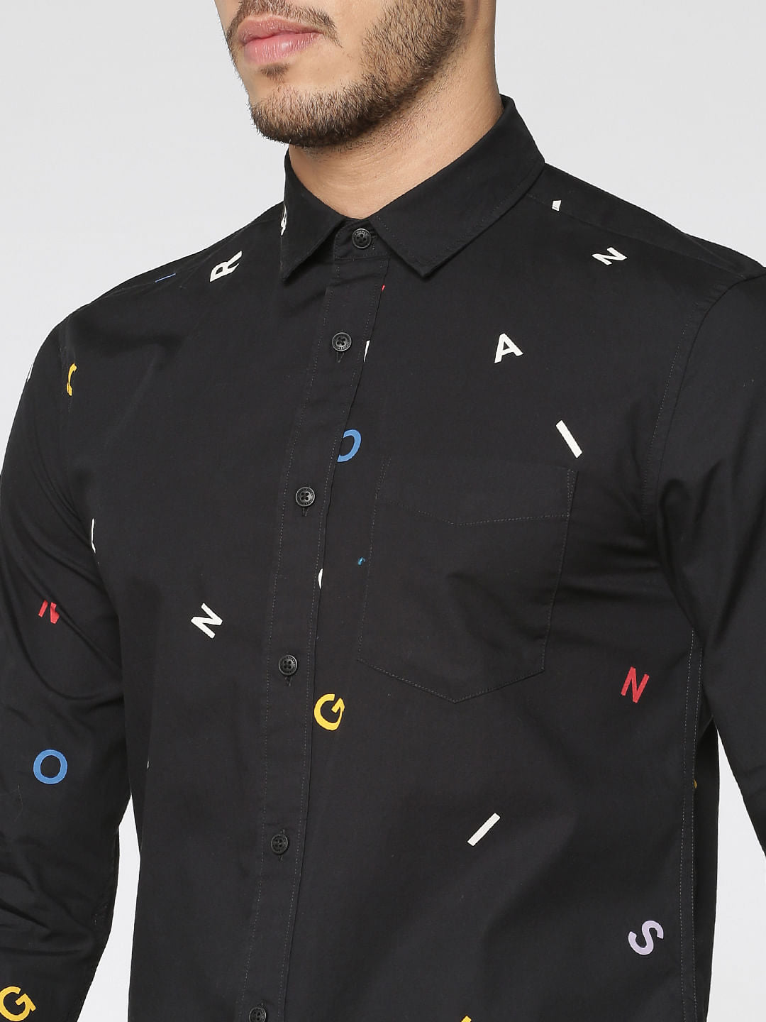 Black All Over Alphabet Print Slim Fit Full Sleeves Shirt