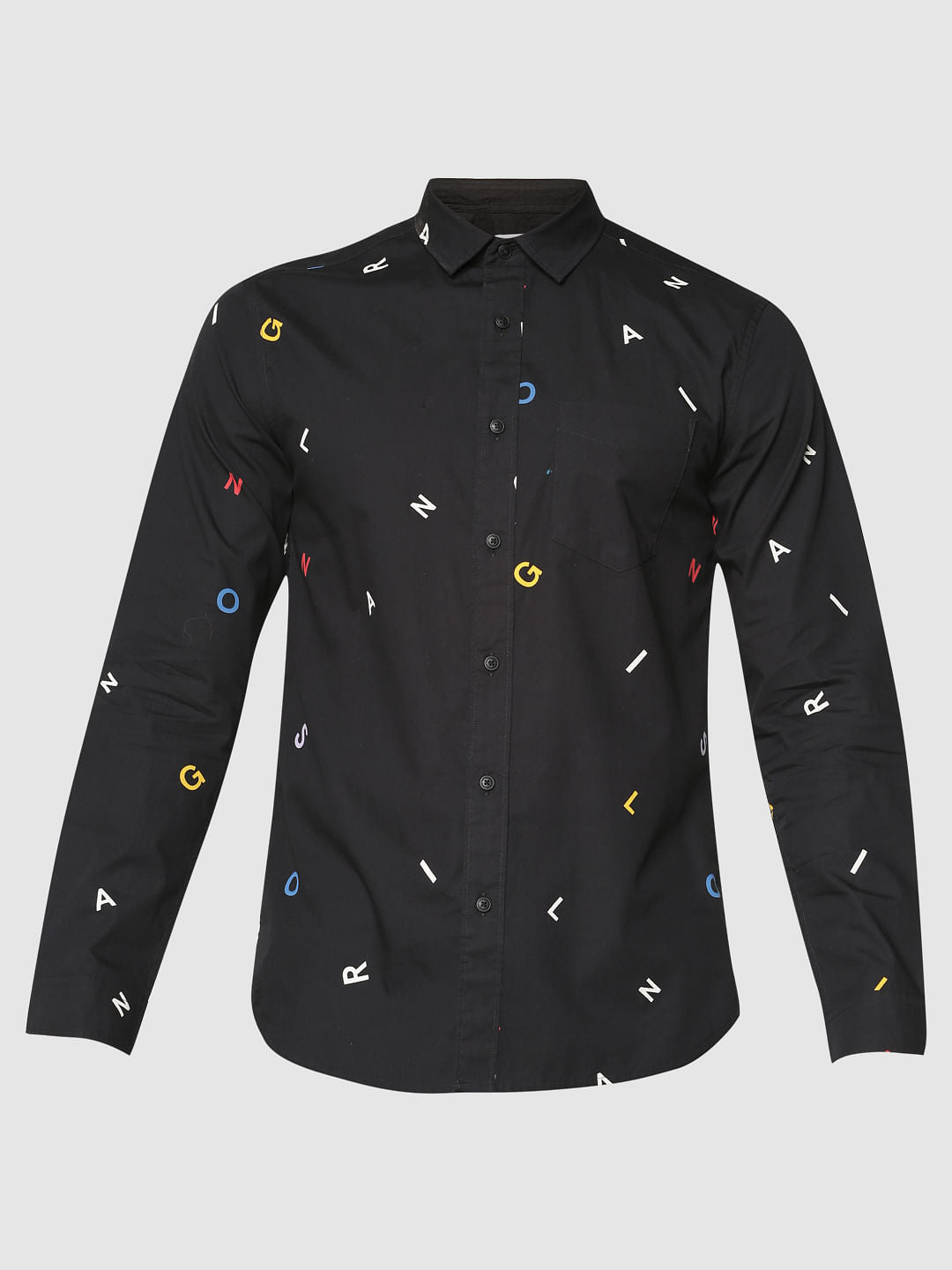 Black All Over Alphabet Print Slim Fit Full Sleeves Shirt