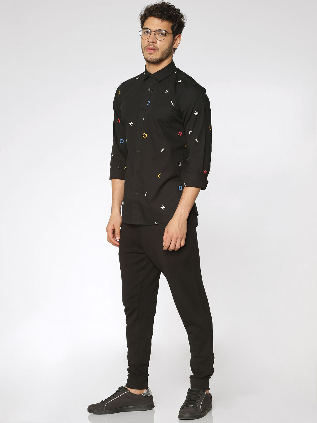 Black All Over Alphabet Print Slim Fit Full Sleeves Shirt