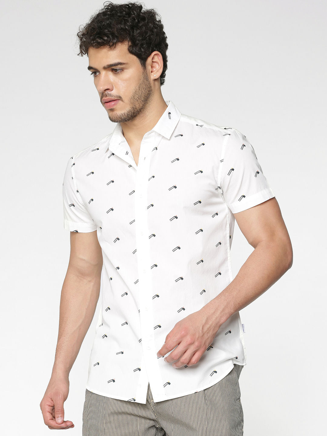 White All Over Flag Print Slim Fit Short Sleeves Shirt