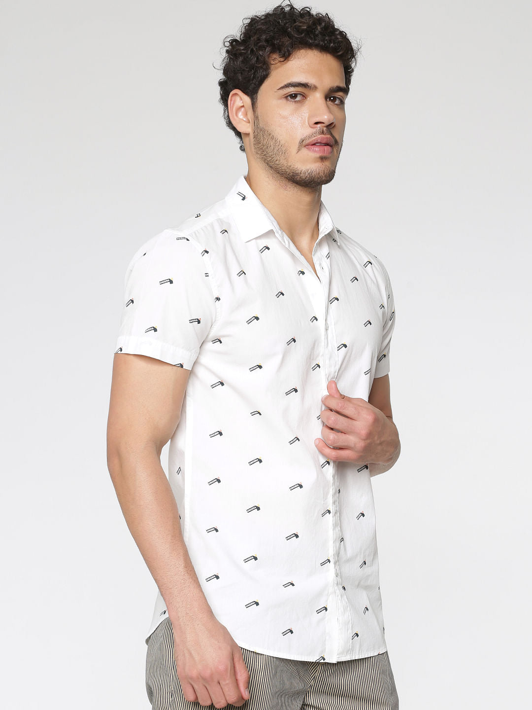 White All Over Flag Print Slim Fit Short Sleeves Shirt