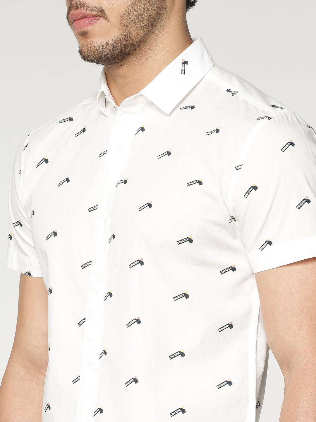 White All Over Flag Print Slim Fit Short Sleeves Shirt